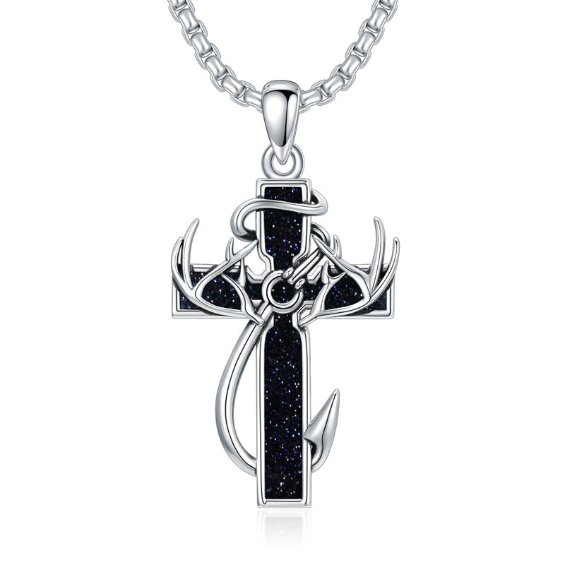 Sterling Silver Fish Hook Cross Pendant Necklace for Men