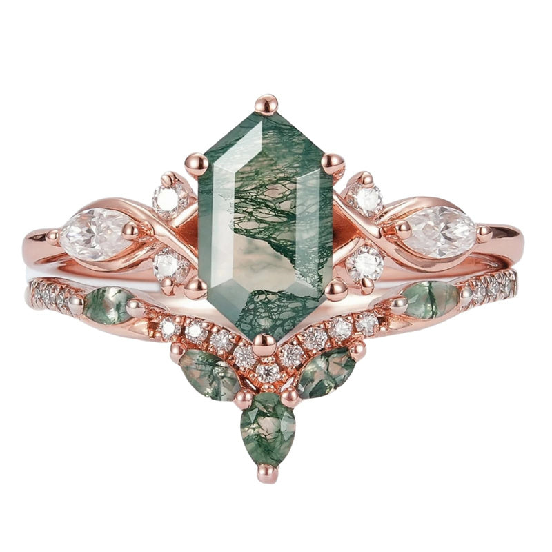 Sterling Silver 10K 14K 18K Gold  Personalized  Engraved Natural Moss Agate Engagement Bridal Wedding Ring Set