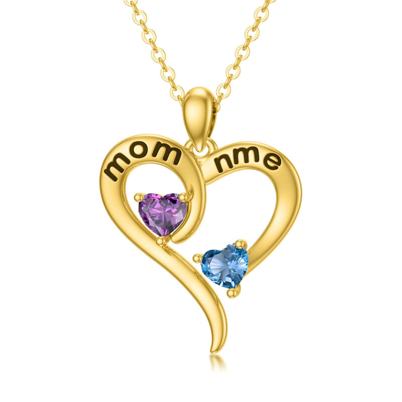 10K 14K 18K Gold Personalized 2 Birthstone Names Heart Pendant Necklace