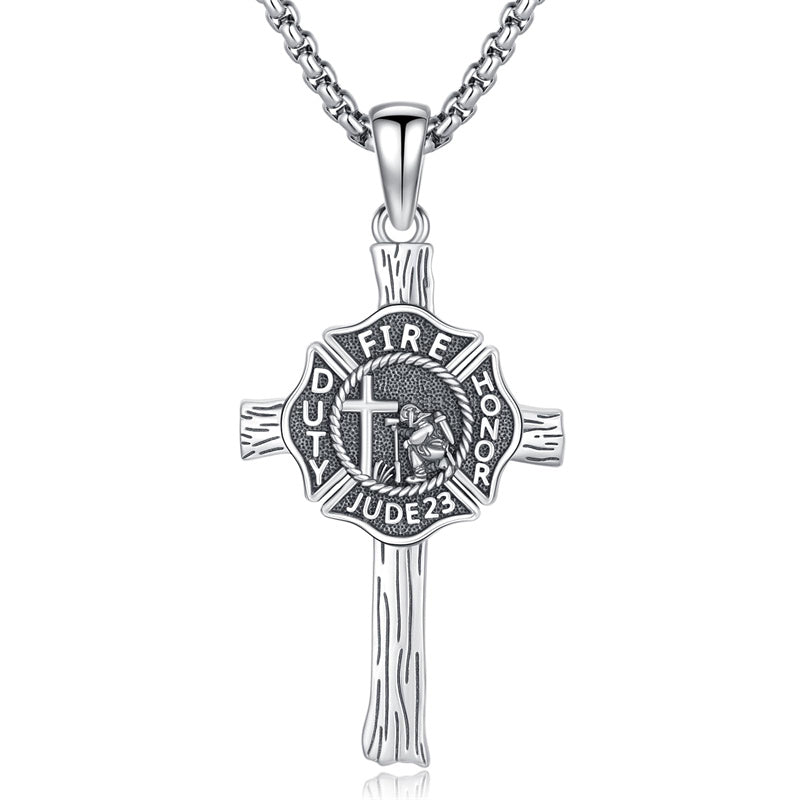 Sterling Silver Firefighter & Cross Pendant Necklace  for Men