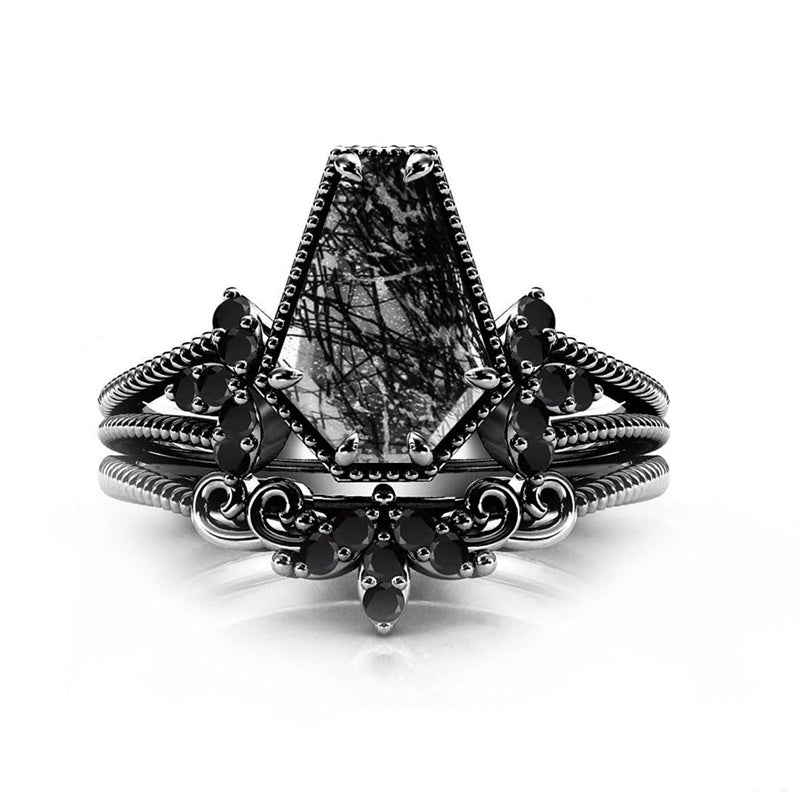 Sterling Silver 10K 14K 18K Personalized Engraved 2CT Natural Black Rutilated Quartz Engagement Ring Set