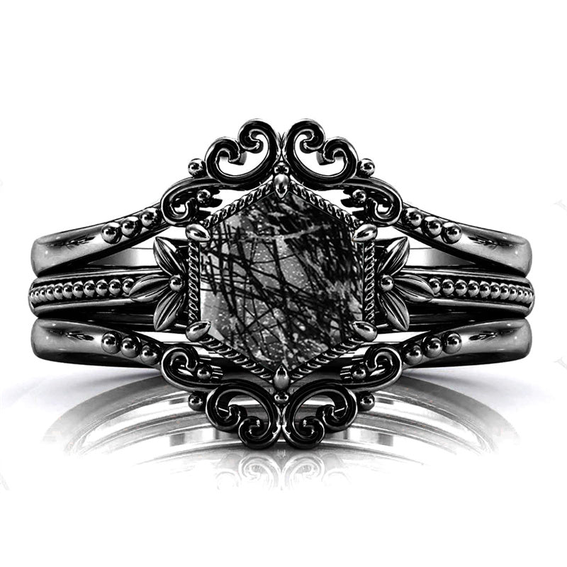 Sterling Silver 10K 14K 18K Personalized Engraved 2CT Natural Black Rutilated Quartz Engagement Ring Set