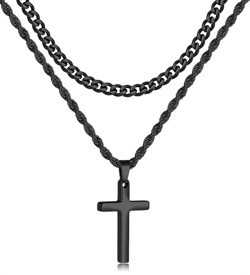 Sterling Silver Layered Cross Necklace for Men with Stainless Steel Cuban Link Rope Chain