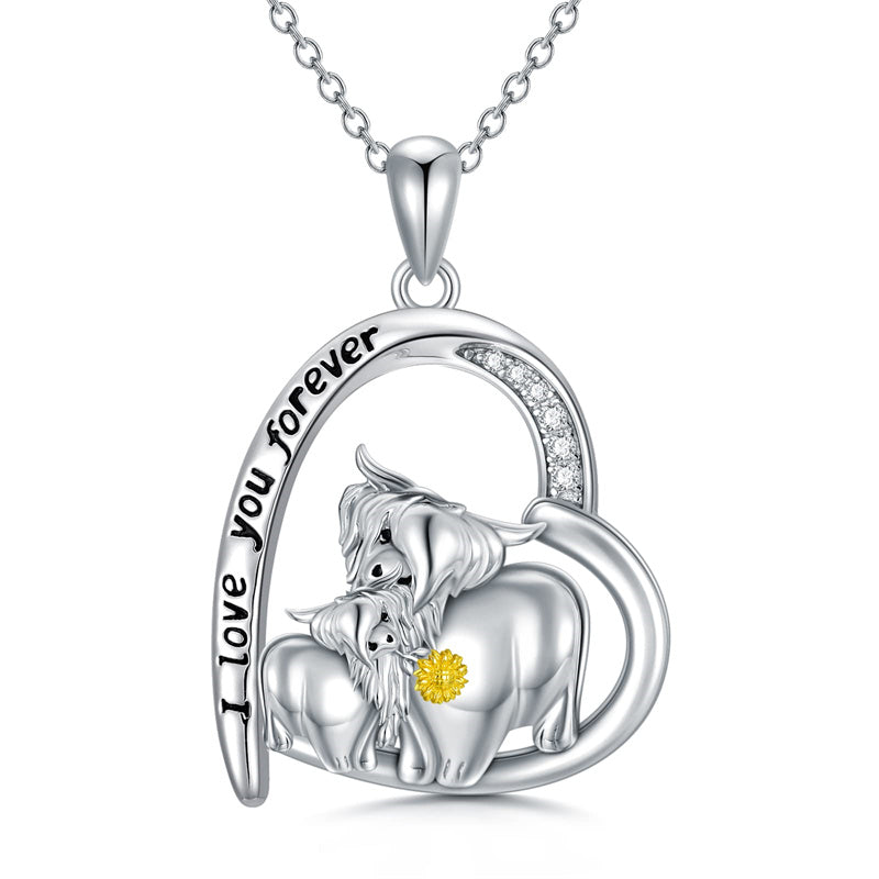 Sterling Silver Heart Highland Cow Pendant Necklace