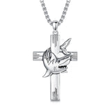 Sterling Silver Shark Fish Hook Triple Moon Cross Pendant Necklace