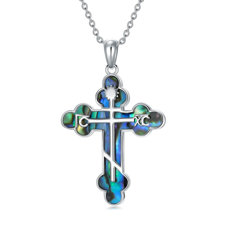 Sterling Silver  Abalone Shell Eastern Orthodox Cross Religious Pendant Necklace