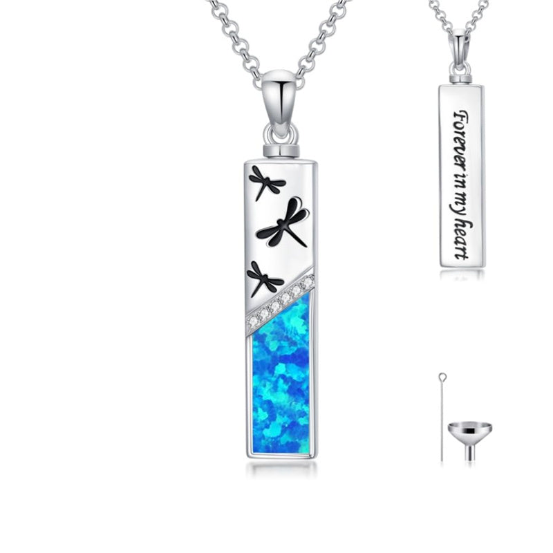 Sterling Silver  Opal Personalized Engraved Bar Pet  Butterfly Dragonfly Tree of Life  Urn Necklace for Ashes