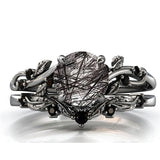 Sterling Silver 10K 14K 18K Personalized Engraved 2CT Natural Black Rutilated Quartz Engagement Ring Set