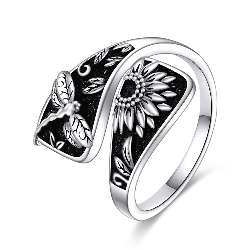 Sterling Silver Sunflower Dragonfly Spoon Ring for Women