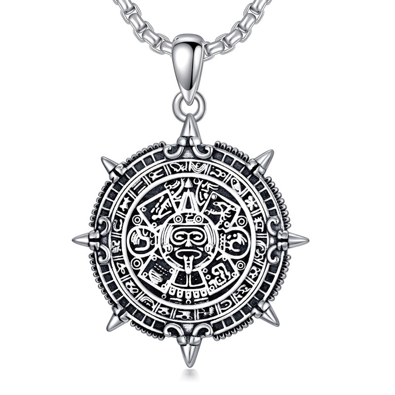 Sterling Silver Aztec Lion Cross Pendant Necklace