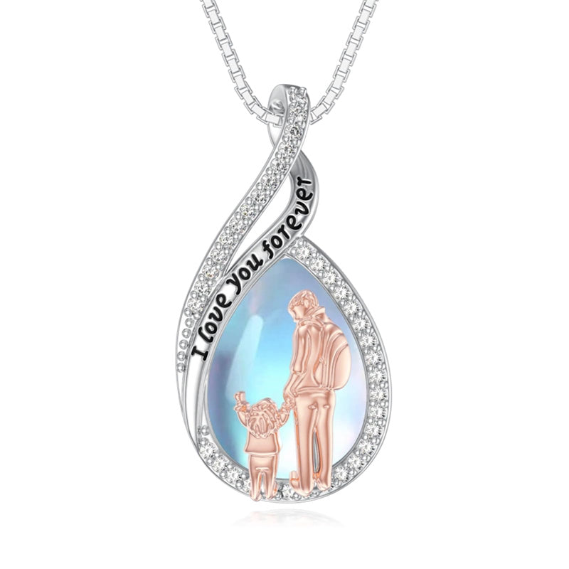 Sterling Silver Moonstone Father-Daughter Pendant Necklace Engraved with I Love You Forever