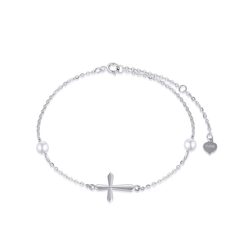 14k Gold Pearl Cross Single Layer Anklet