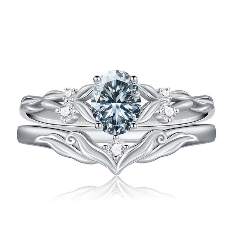 Sterling Silver 10K 14K 18K Gold  Oval Cut Unique Vine Gemstone Wedding Ring Set