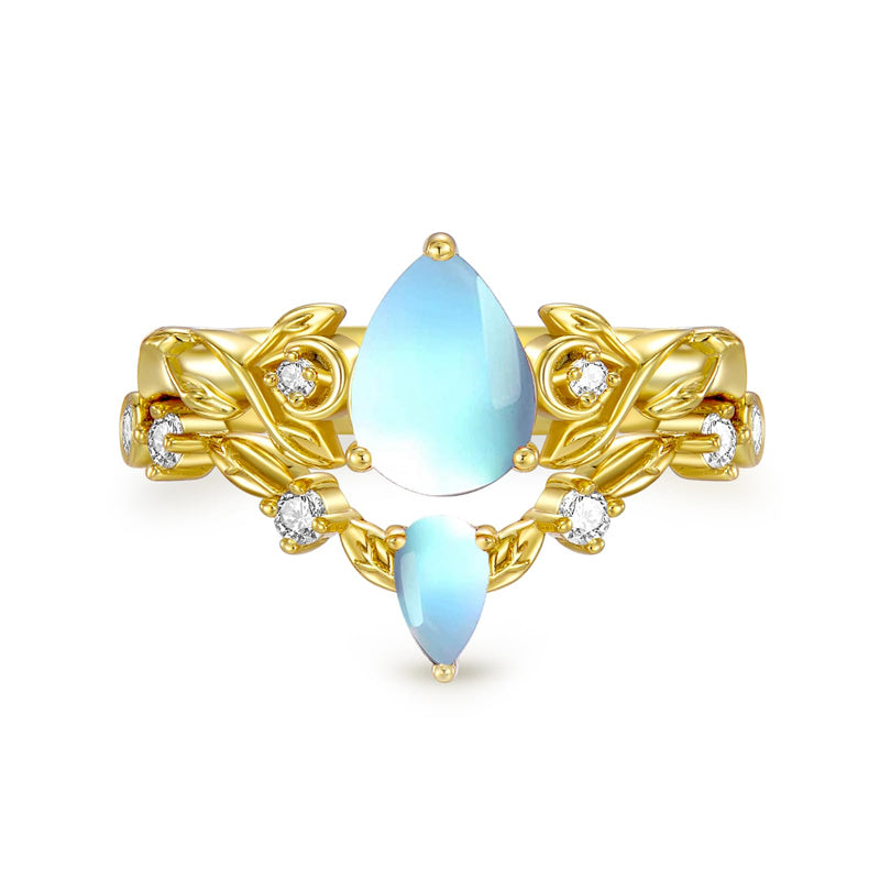 Sterling Silver 10K 14K 18K Gold Pear Cut Gemstone Leaf  Engagement Ring Set