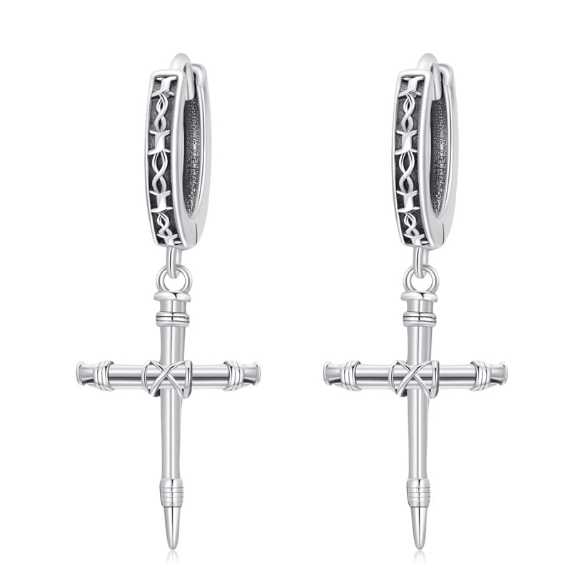 Sterling Silver Nail Cross Hoop Earrings