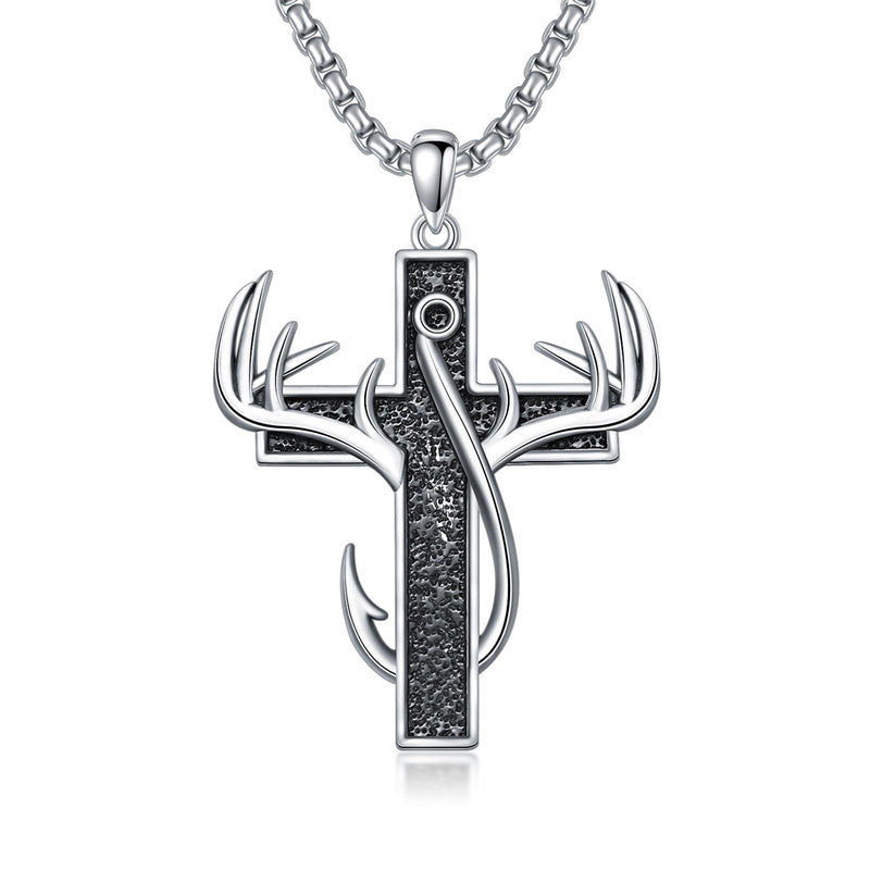 Sterling Silver Fish Hook Cross Pendant Necklace for Men