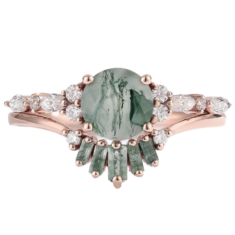 Sterling Silver 10K 14K 18K Gold  Personalized  Engraved Natural Moss Agate Engagement Bridal Wedding Ring Set