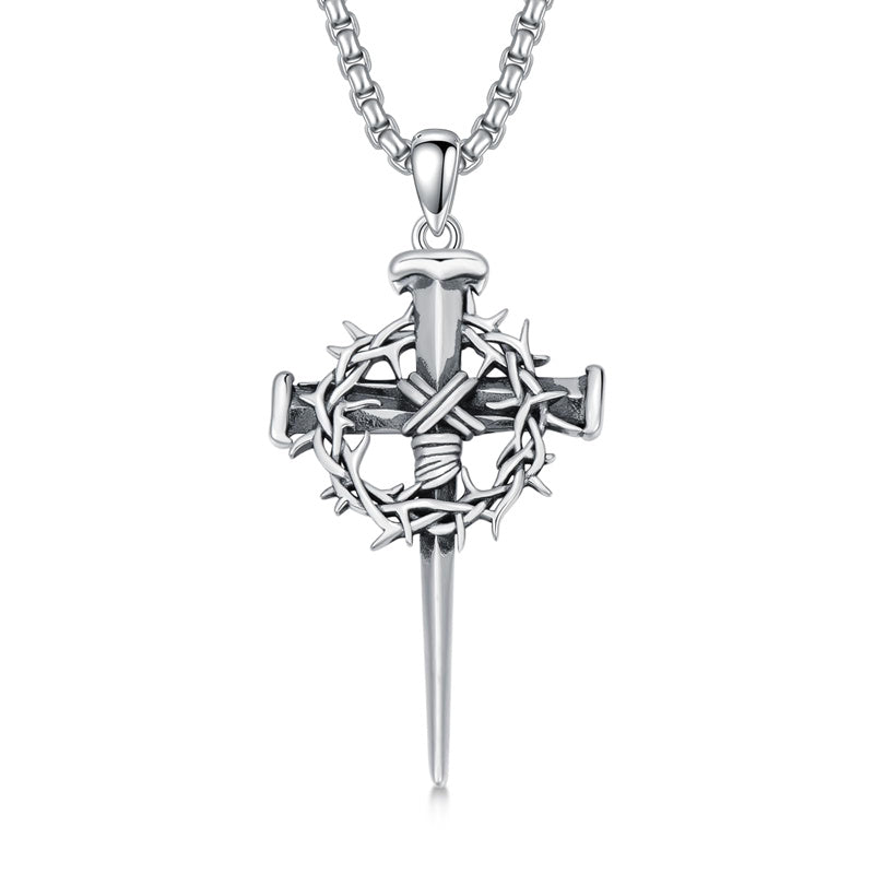 Sterling Silver Crown of Thorn Three Nail Cross Pendant Necklace