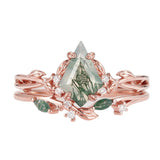 Sterling Silver 10K 14K 18K Gold  Personalized  Engraved Natural Moss Agate Engagement Bridal Wedding Ring Set