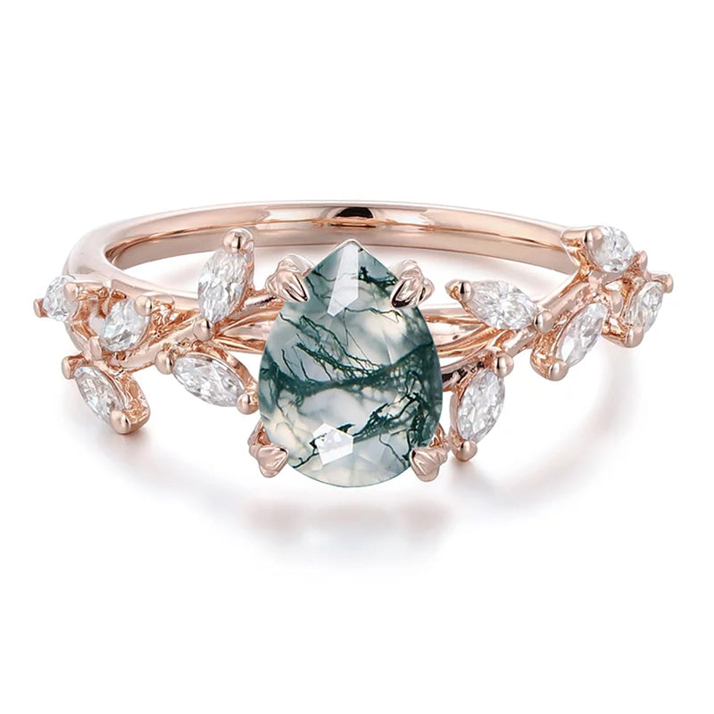 Sterling Silver 10K 14K 18K 2CT Natural Moss Agate Leaf Engagement Wedding Promise Rings Set