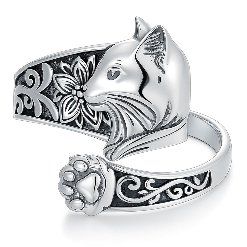 Sterling Silver Cat Adjustable Spoon Ring for Women