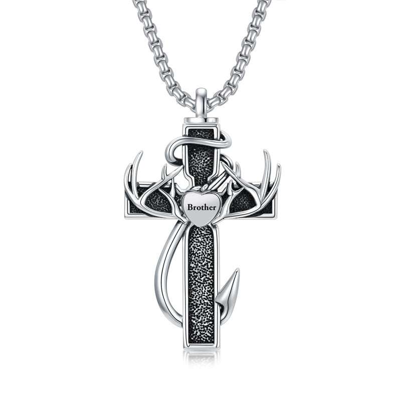 Sterling Silver Deer Antler Fish Hook & Cross Urn Necklace for Ashes