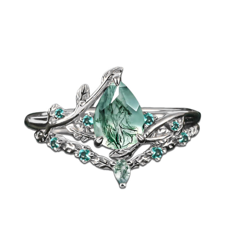 Sterling Silver Pear Natural Moss Agate Engagement Ring Set Wedding Ring