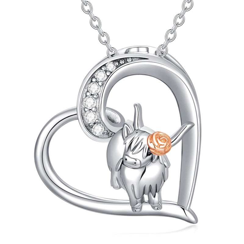 Sterling Silver Heart Highland Cow Pendant Necklace