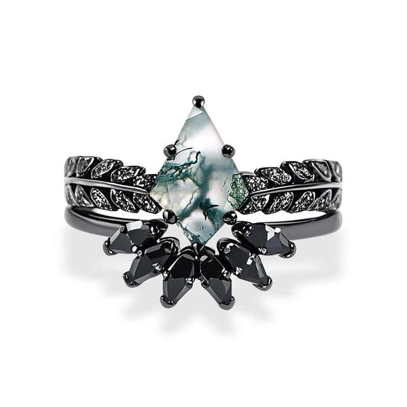 Sterling Silver Personalized Engraved 10K 14K 18K Gold Kite Moss Agate Bridal Promise Wedding Ring Set