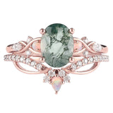 Sterling Silver 10K 14K 18K Gold  Personalized  Engraved Natural Moss Agate Engagement Bridal Wedding Ring Set