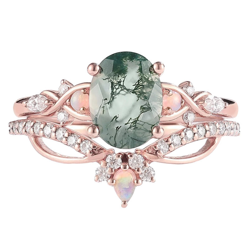 Sterling Silver 10K 14K 18K Gold  Personalized  Engraved Natural Moss Agate Engagement Bridal Wedding Ring Set