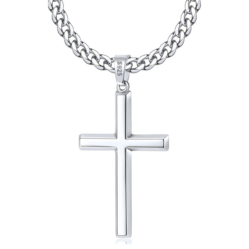 Sterling Silver Cross Necklace for Men with Stainless Steel Cuban Chain Necklace