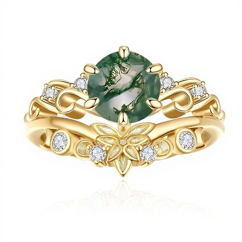 Sterling Silver Oval Round Natural Moss Agate Couples Promise Wedding Ring Set