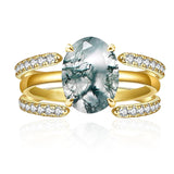 Sterling Silver Oval Natural Moss Agate Couples Promise Wedding Ring Set