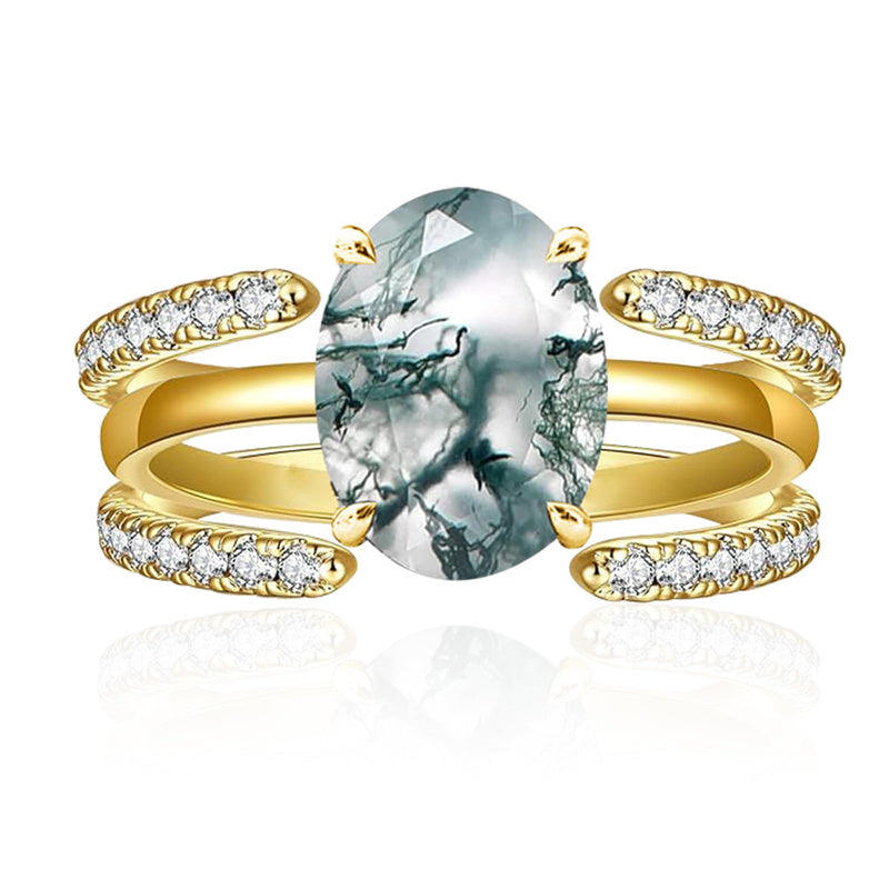 Sterling Silver Oval Natural Moss Agate Couples Promise Wedding Ring Set