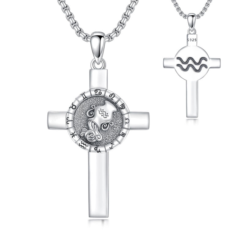 Sterling Silver 12 Constellation Cross Pendant Necklace