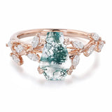 Sterling Silver 10K 14K 18K 2CT Natural Moss Agate Leaf Engagement Wedding Promise Rings Set