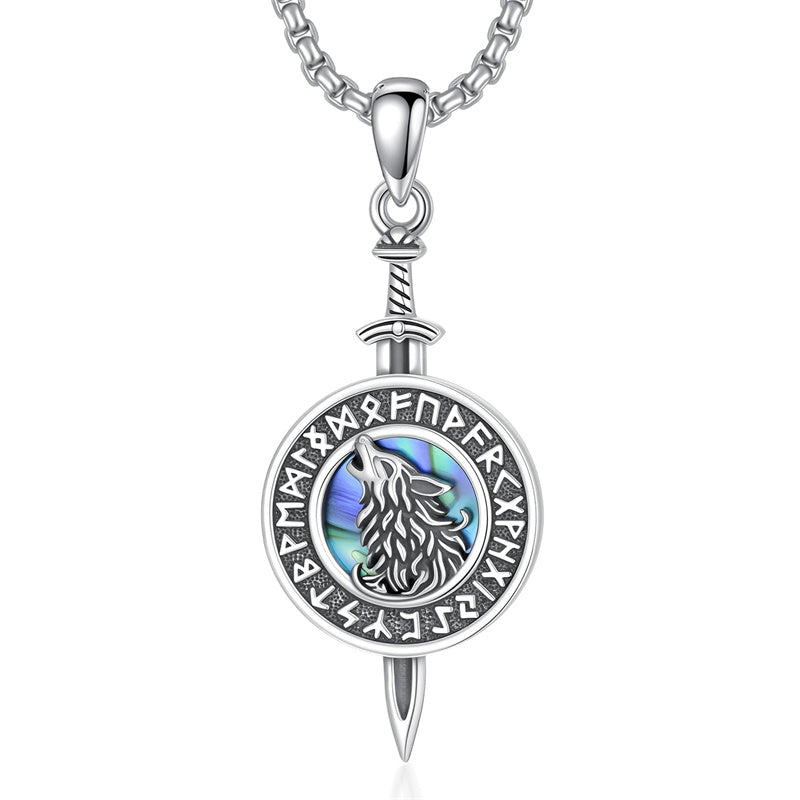 Sterling Silver Abalone Shell Viking Wolf Pendant Necklace