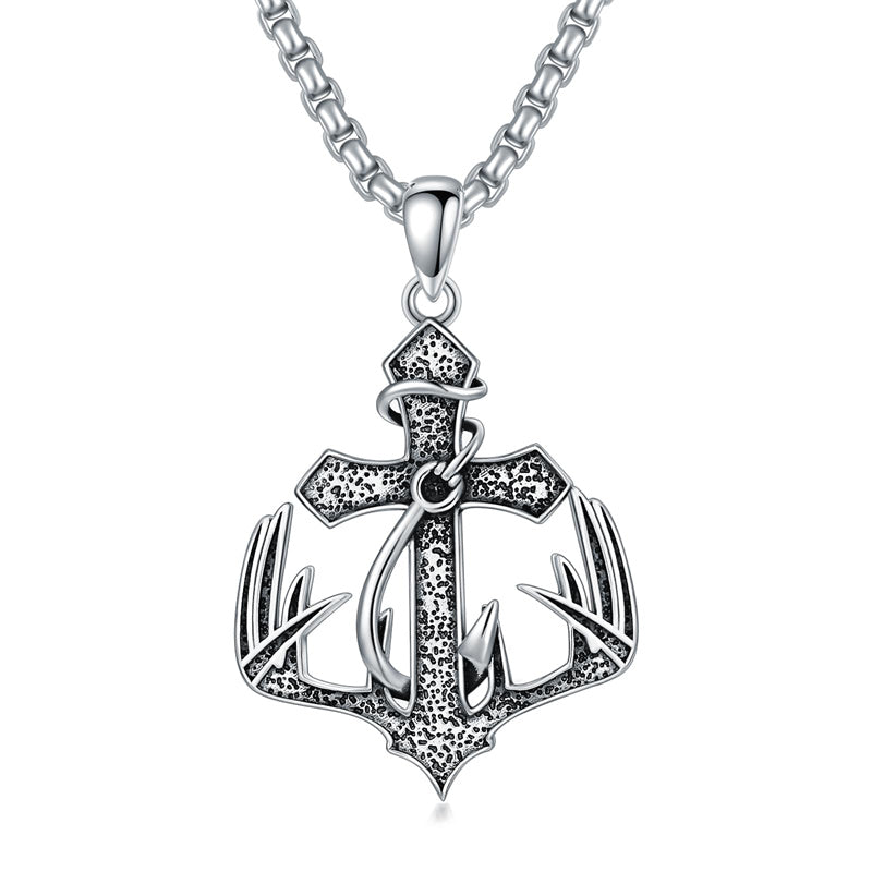 Sterling Silver Cross Deer Antler Fish Hook Pendant Necklace for Men