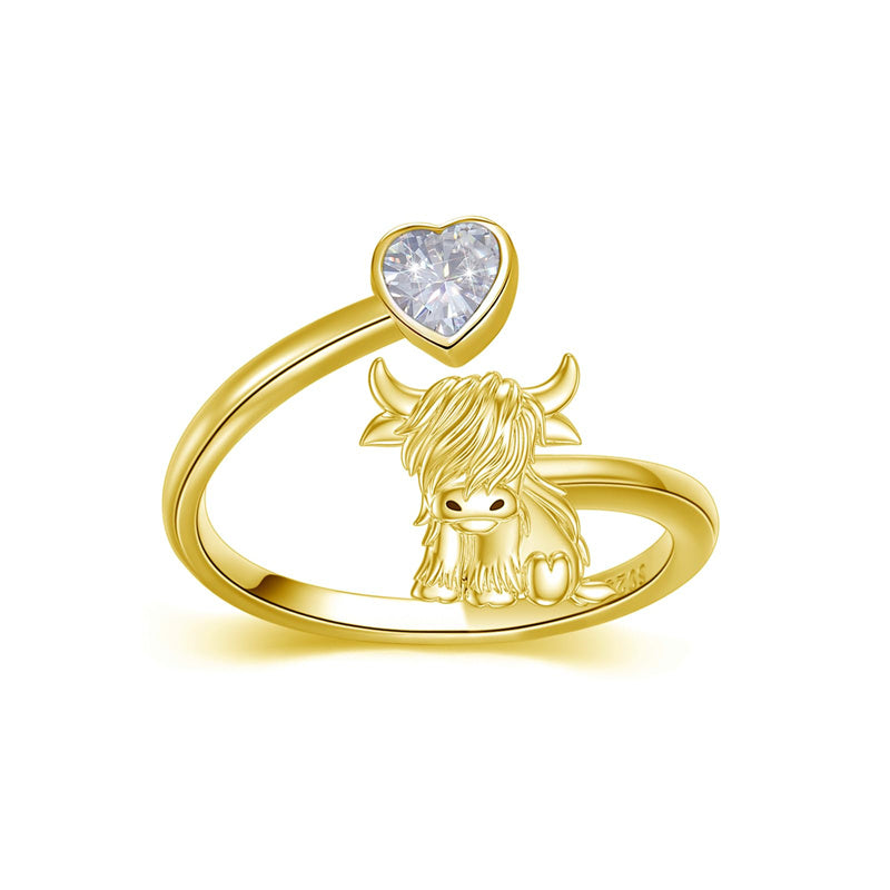 10K 14K 18K Solid Gold Personalized Birthstone Highland Cow Animal Ring