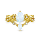 Sterling Silver 10K 14K 18K Gold Pear Cut Gemstone Leaf  Engagement Ring Set