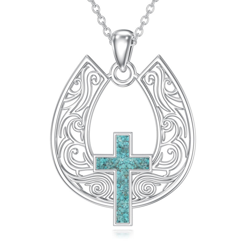 Sterling Silver Turquoise Cross Bear Claw Cowboy Boot Pendant Necklace