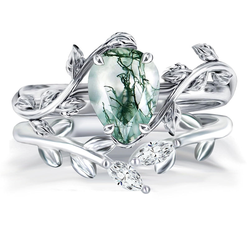 Sterling Silver Pear Kite Round Oval Cut Natural Moss Agate Leaf Engagement Wedding Promise Ring Set