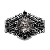 Sterling Silver 10K 14K 18K Personalized Engraved 2CT Natural Black Rutilated Quartz Engagement Ring Set