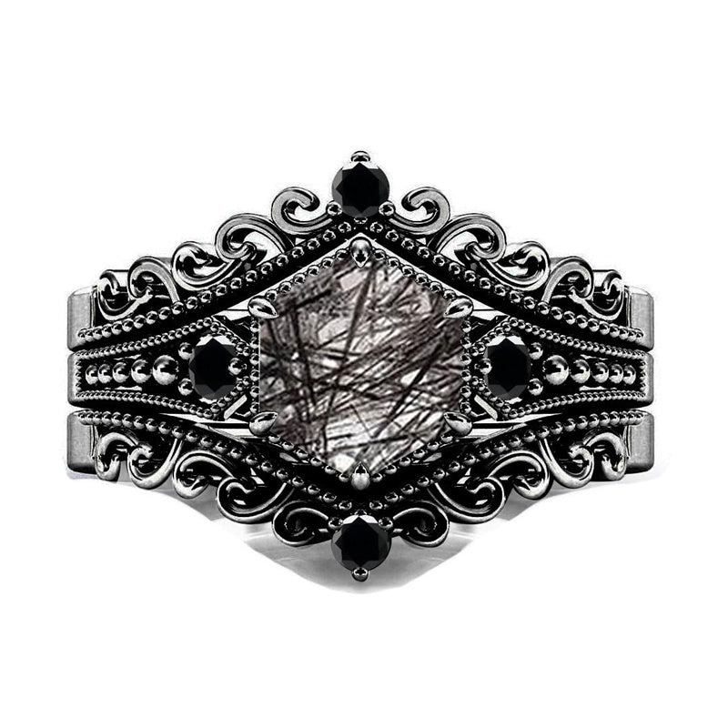 Sterling Silver 10K 14K 18K Personalized Engraved 2CT Natural Black Rutilated Quartz Engagement Ring Set
