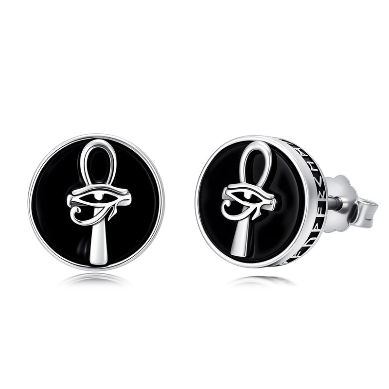 Sterling Silver Black Onyx Tree of Life Ankh Cross Skull Valknu Viking Stud Earrings