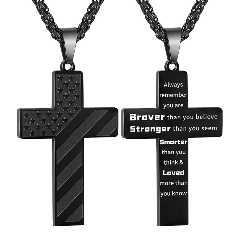 Stainless Steel Personalized Engraved American Flag Cross Pendant Necklace