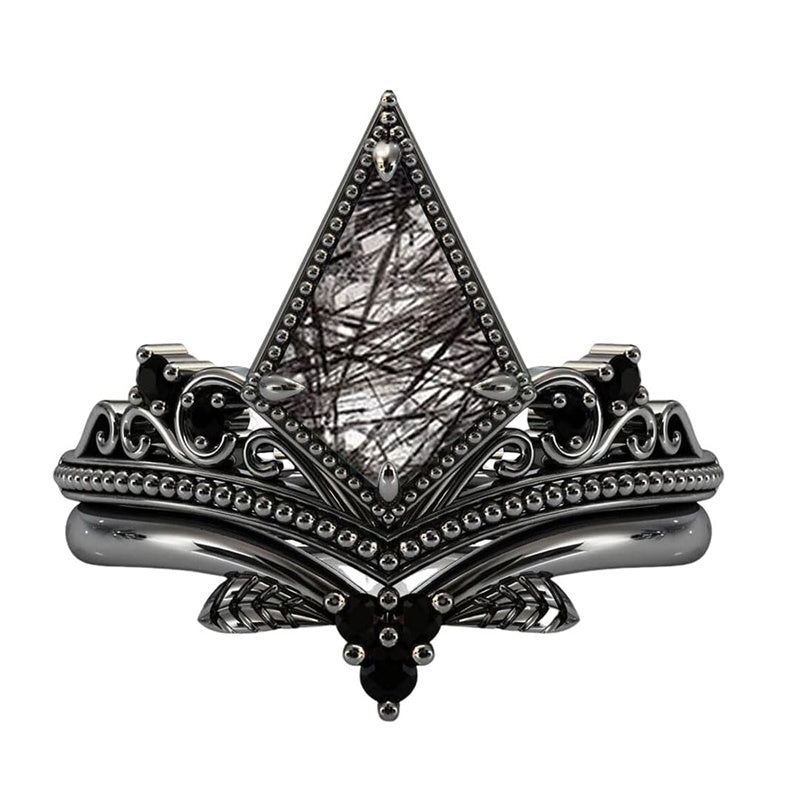 Sterling Silver 10K 14K 18K Personalized Engraved 2CT Natural Black Rutilated Quartz Engagement Ring Set