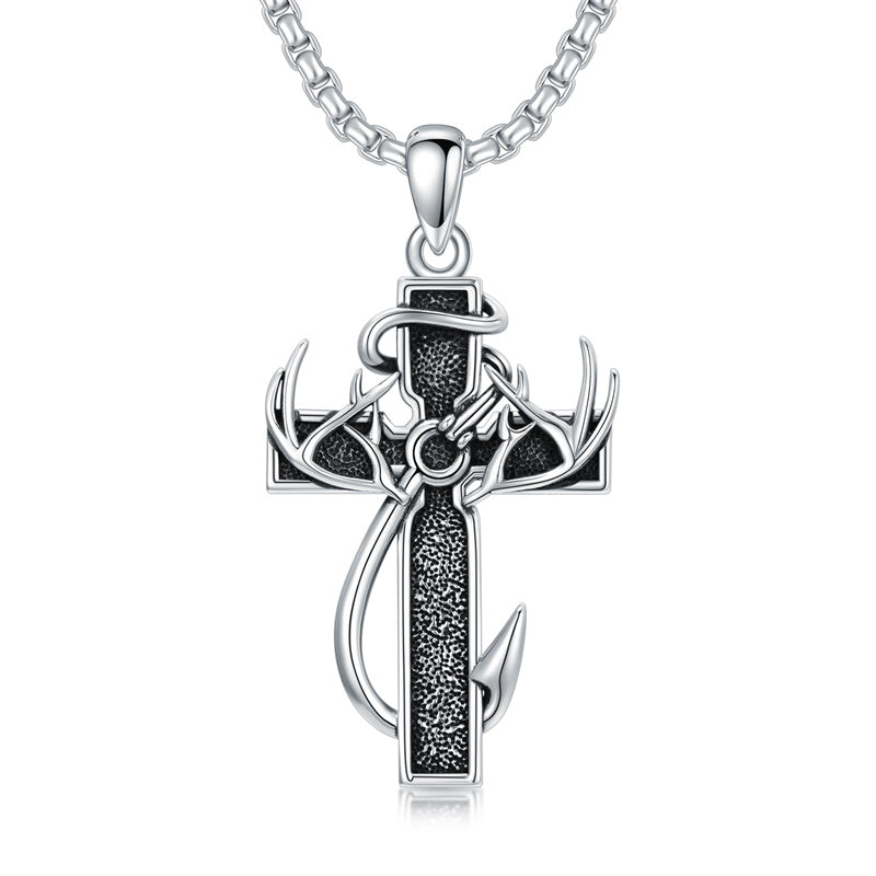 Sterling Silver Fish Hook Cross Pendant Necklace for Men