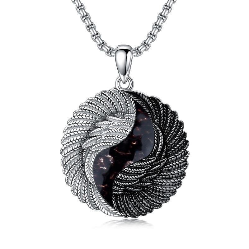 Sterling Silver Turquoise Obsidian Opal Tiger's Eye Yin Yang Angel Wings Pendant Necklace